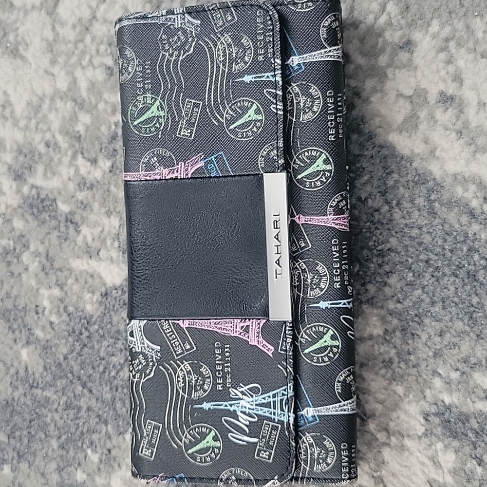 Tahari Black Travel Wallet with Colorful Print